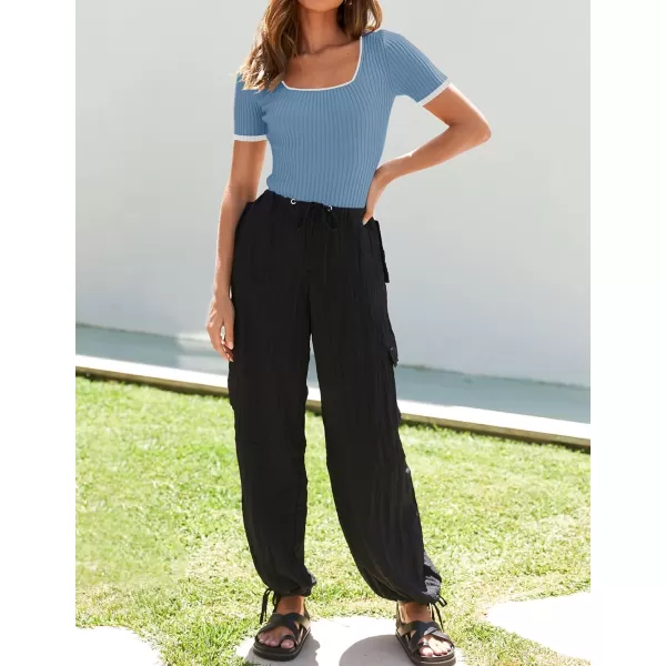 ZESICA Womens Short Sleeve Square Neck Color Block T Shirt 2024 Summer Slim Fit Ribbed Knit Basic Tee TopsBlue