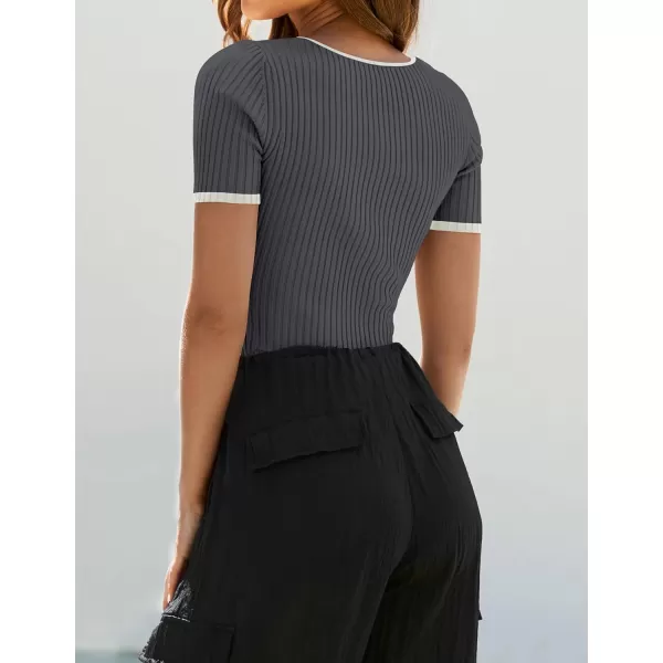 ZESICA Womens Short Sleeve Square Neck Color Block T Shirt 2024 Summer Slim Fit Ribbed Knit Basic Tee TopsDarkgrey