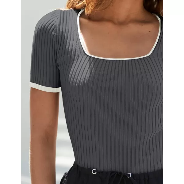 ZESICA Womens Short Sleeve Square Neck Color Block T Shirt 2024 Summer Slim Fit Ribbed Knit Basic Tee TopsDarkgrey