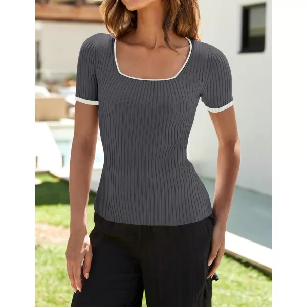 ZESICA Womens Short Sleeve Square Neck Color Block T Shirt 2024 Summer Slim Fit Ribbed Knit Basic Tee TopsDarkgrey