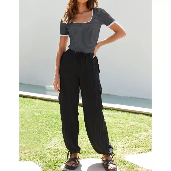 ZESICA Womens Short Sleeve Square Neck Color Block T Shirt 2024 Summer Slim Fit Ribbed Knit Basic Tee TopsDarkgrey