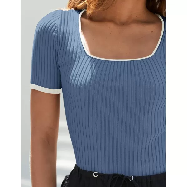 ZESICA Womens Short Sleeve Square Neck Color Block T Shirt 2024 Summer Slim Fit Ribbed Knit Basic Tee TopsDustyblue