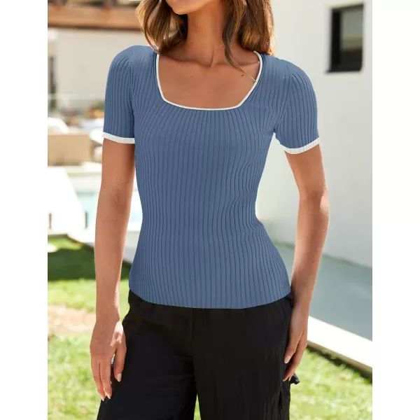 ZESICA Womens Short Sleeve Square Neck Color Block T Shirt 2024 Summer Slim Fit Ribbed Knit Basic Tee TopsDustyblue