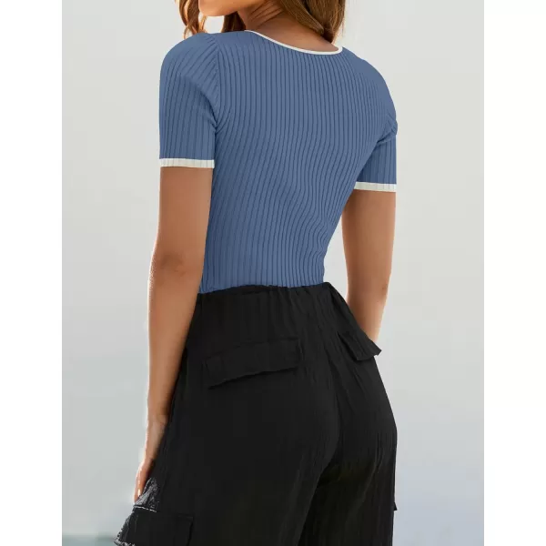 ZESICA Womens Short Sleeve Square Neck Color Block T Shirt 2024 Summer Slim Fit Ribbed Knit Basic Tee TopsDustyblue