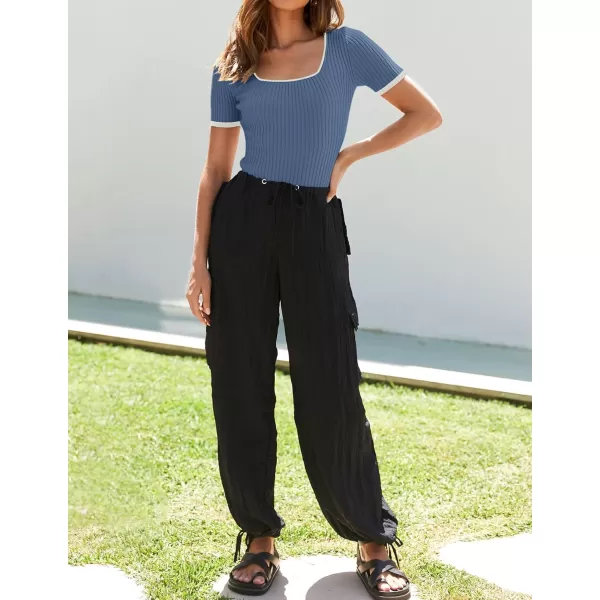 ZESICA Womens Short Sleeve Square Neck Color Block T Shirt 2024 Summer Slim Fit Ribbed Knit Basic Tee TopsDustyblue