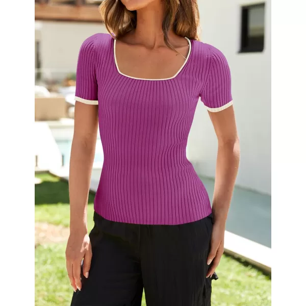 ZESICA Womens Short Sleeve Square Neck Color Block T Shirt 2024 Summer Slim Fit Ribbed Knit Basic Tee TopsEggplant