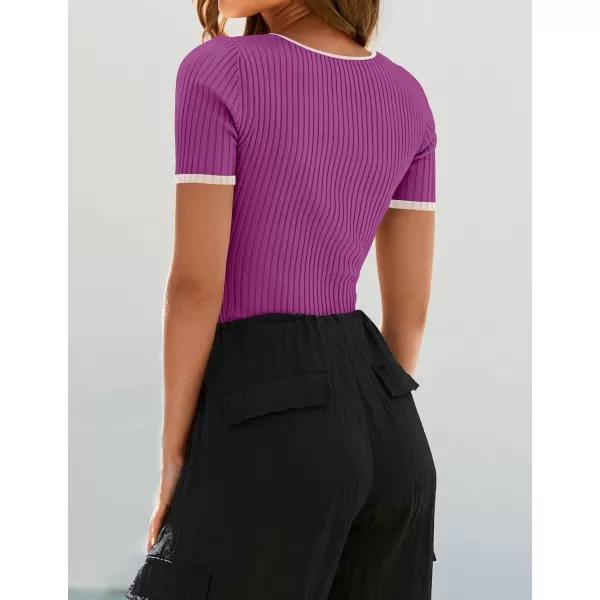 ZESICA Womens Short Sleeve Square Neck Color Block T Shirt 2024 Summer Slim Fit Ribbed Knit Basic Tee TopsEggplant