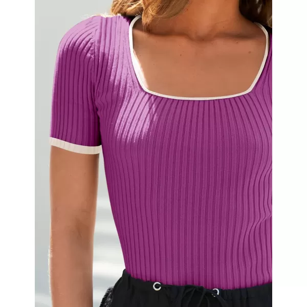 ZESICA Womens Short Sleeve Square Neck Color Block T Shirt 2024 Summer Slim Fit Ribbed Knit Basic Tee TopsEggplant