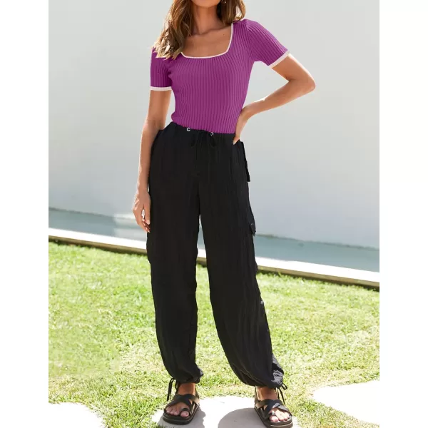 ZESICA Womens Short Sleeve Square Neck Color Block T Shirt 2024 Summer Slim Fit Ribbed Knit Basic Tee TopsEggplant