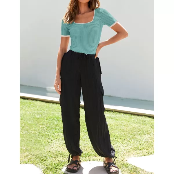 ZESICA Womens Short Sleeve Square Neck Color Block T Shirt 2024 Summer Slim Fit Ribbed Knit Basic Tee TopsMint
