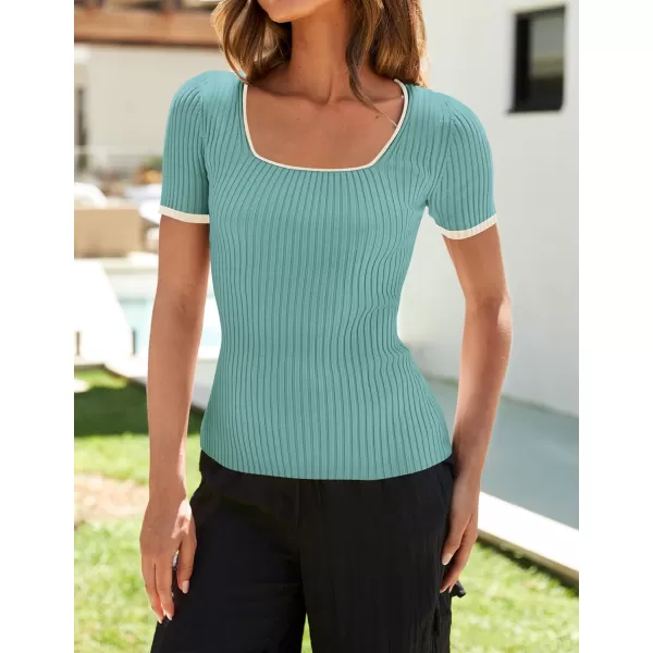 ZESICA Womens Short Sleeve Square Neck Color Block T Shirt 2024 Summer Slim Fit Ribbed Knit Basic Tee TopsMint