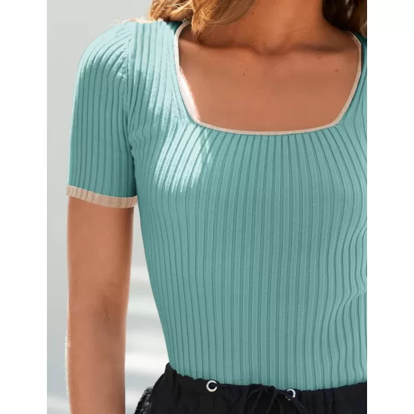 ZESICA Womens Short Sleeve Square Neck Color Block T Shirt 2024 Summer Slim Fit Ribbed Knit Basic Tee TopsMint