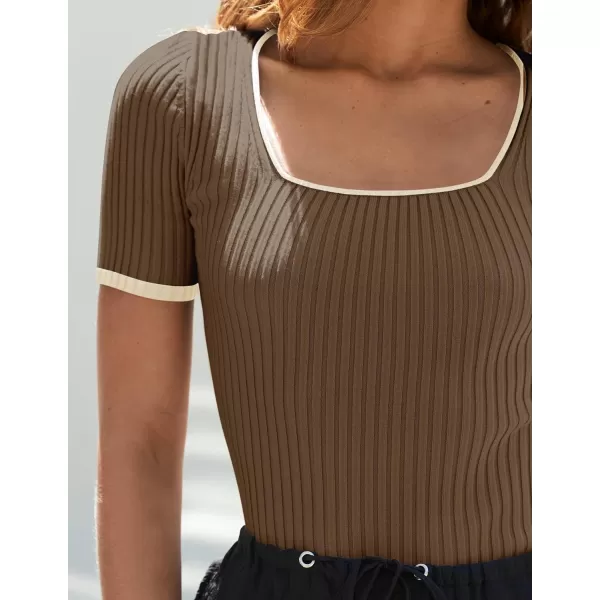 ZESICA Womens Short Sleeve Square Neck Color Block T Shirt 2024 Summer Slim Fit Ribbed Knit Basic Tee TopsMocha