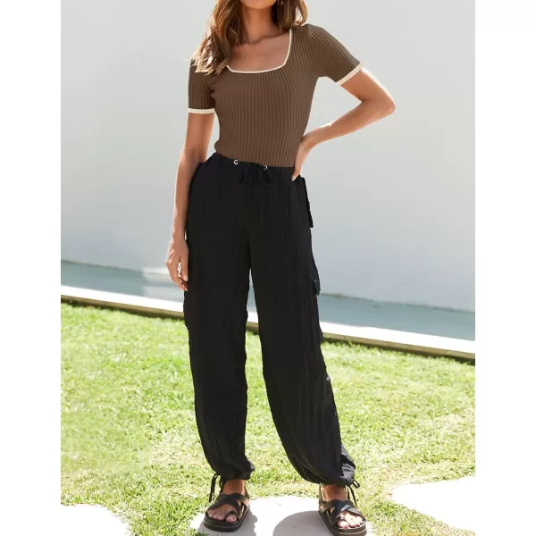 ZESICA Womens Short Sleeve Square Neck Color Block T Shirt 2024 Summer Slim Fit Ribbed Knit Basic Tee TopsMocha