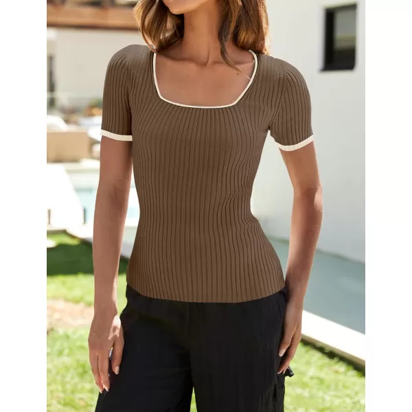 ZESICA Womens Short Sleeve Square Neck Color Block T Shirt 2024 Summer Slim Fit Ribbed Knit Basic Tee TopsMocha