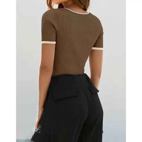 ZESICA Womens Short Sleeve Square Neck Color Block T Shirt 2024 Summer Slim Fit Ribbed Knit Basic Tee TopsMocha