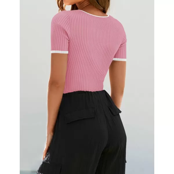 ZESICA Womens Short Sleeve Square Neck Color Block T Shirt 2024 Summer Slim Fit Ribbed Knit Basic Tee TopsPink