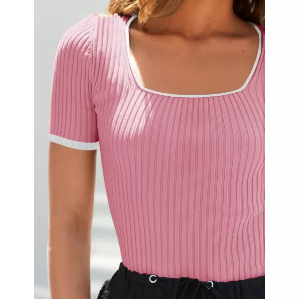 ZESICA Womens Short Sleeve Square Neck Color Block T Shirt 2024 Summer Slim Fit Ribbed Knit Basic Tee TopsPink