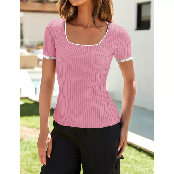 ZESICA Womens Short Sleeve Square Neck Color Block T Shirt 2024 Summer Slim Fit Ribbed Knit Basic Tee TopsPink