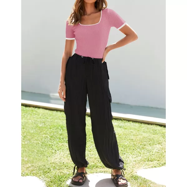 ZESICA Womens Short Sleeve Square Neck Color Block T Shirt 2024 Summer Slim Fit Ribbed Knit Basic Tee TopsPink