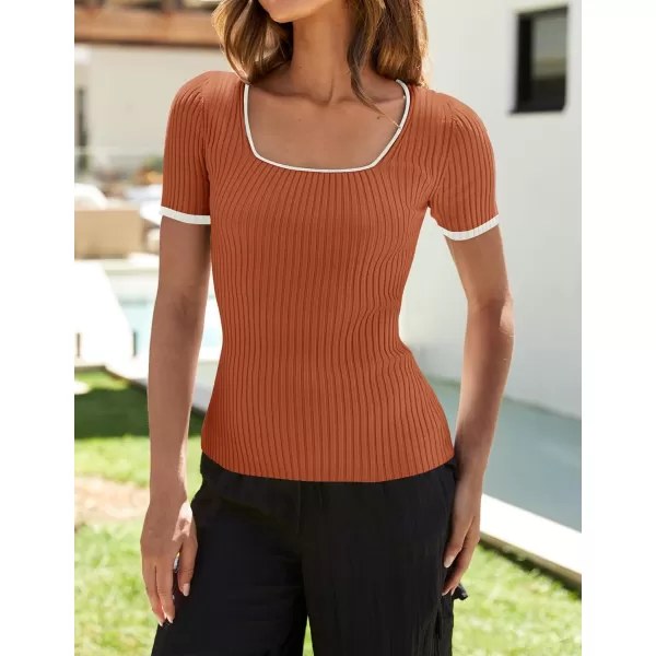 ZESICA Womens Short Sleeve Square Neck Color Block T Shirt 2024 Summer Slim Fit Ribbed Knit Basic Tee TopsRust