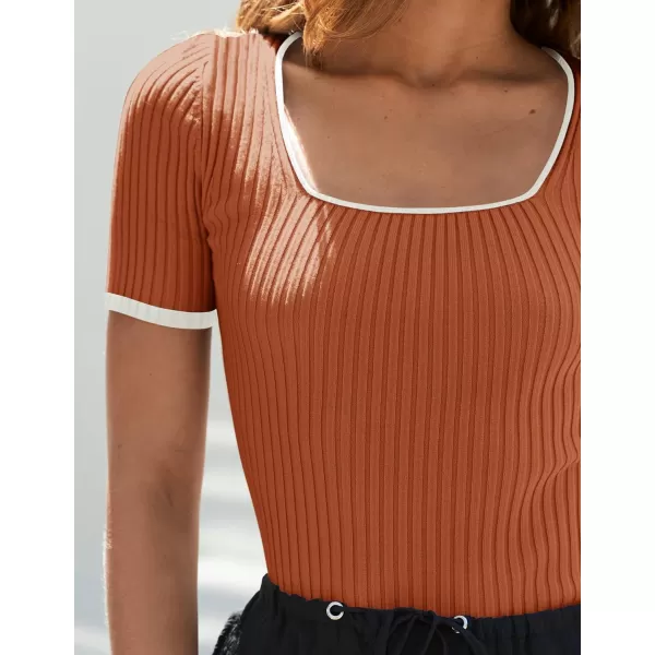 ZESICA Womens Short Sleeve Square Neck Color Block T Shirt 2024 Summer Slim Fit Ribbed Knit Basic Tee TopsRust