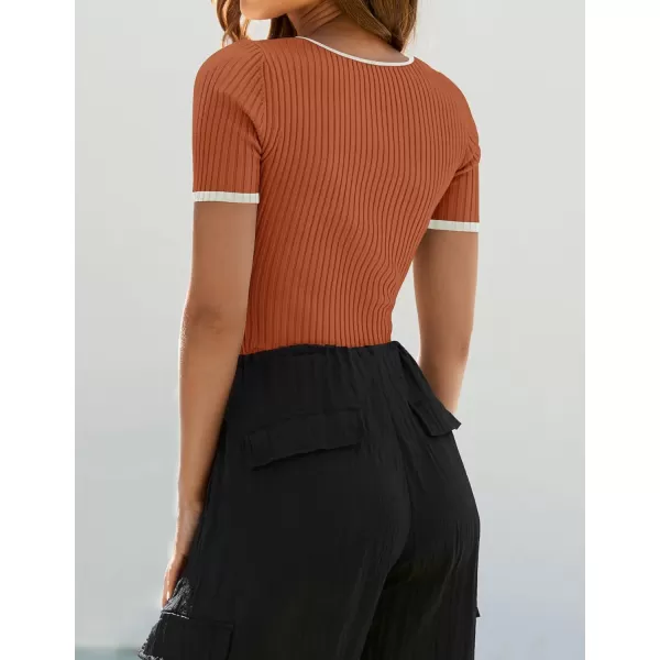 ZESICA Womens Short Sleeve Square Neck Color Block T Shirt 2024 Summer Slim Fit Ribbed Knit Basic Tee TopsRust