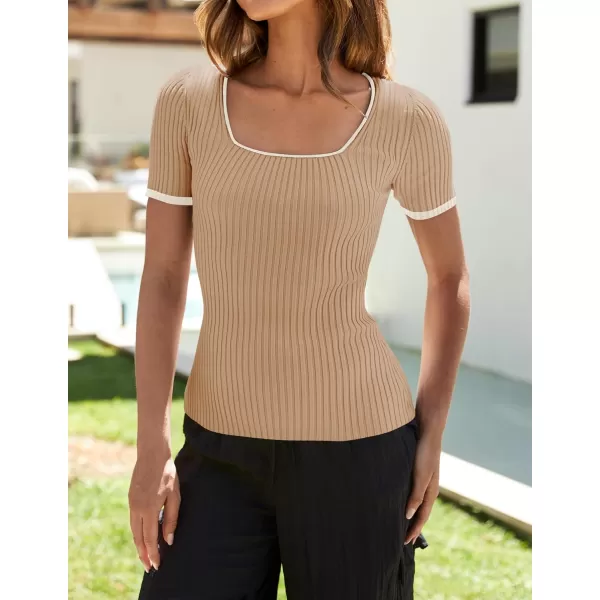 ZESICA Womens Short Sleeve Square Neck Color Block T Shirt 2024 Summer Slim Fit Ribbed Knit Basic Tee TopsToffee