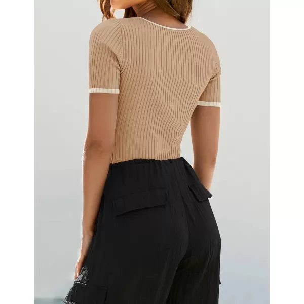 ZESICA Womens Short Sleeve Square Neck Color Block T Shirt 2024 Summer Slim Fit Ribbed Knit Basic Tee TopsToffee