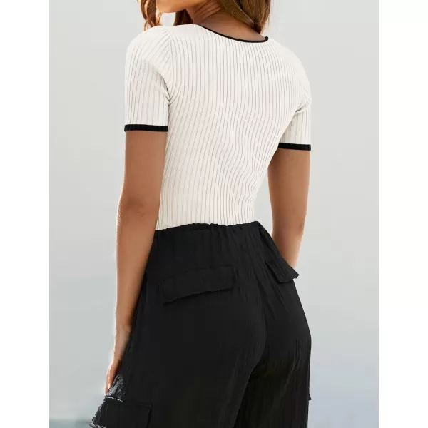 ZESICA Womens Short Sleeve Square Neck Color Block T Shirt 2024 Summer Slim Fit Ribbed Knit Basic Tee TopsWhite