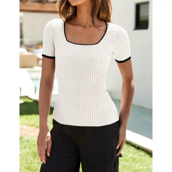 ZESICA Womens Short Sleeve Square Neck Color Block T Shirt 2024 Summer Slim Fit Ribbed Knit Basic Tee TopsWhite