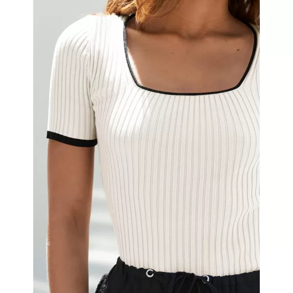 ZESICA Womens Short Sleeve Square Neck Color Block T Shirt 2024 Summer Slim Fit Ribbed Knit Basic Tee TopsWhite