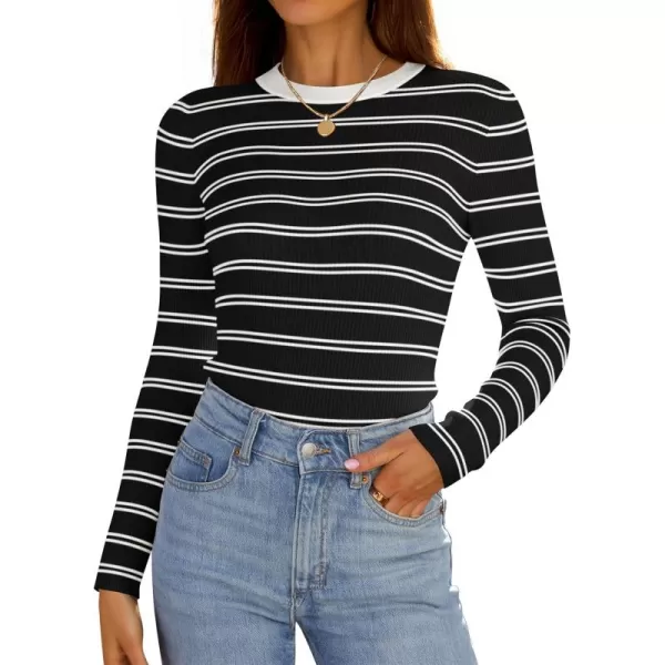 ZESICA Womens Long Sleeve Crewneck Striped Shirts 2024 Fall Sweater Ribbed Knit Slim Fit Basic Casual Tee TopsBlack