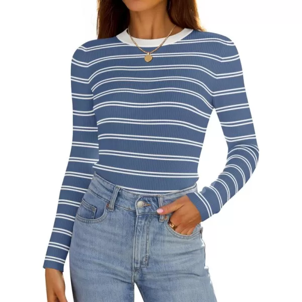 ZESICA Womens Long Sleeve Crewneck Striped Shirts 2024 Fall Sweater Ribbed Knit Slim Fit Basic Casual Tee TopsBlue