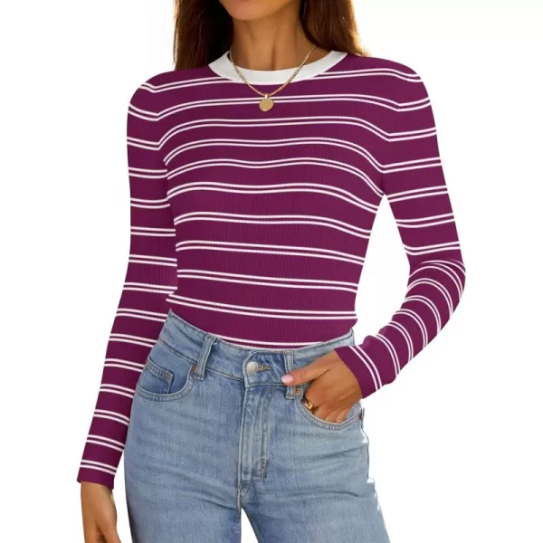ZESICA Womens Long Sleeve Crewneck Striped Shirts 2024 Fall Sweater Ribbed Knit Slim Fit Basic Casual Tee TopsFuchsia
