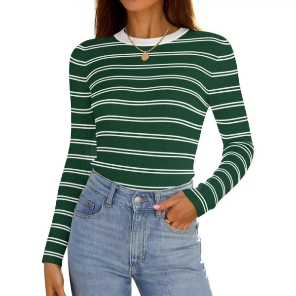 ZESICA Womens Long Sleeve Crewneck Striped Shirts 2024 Fall Sweater Ribbed Knit Slim Fit Basic Casual Tee TopsGreen
