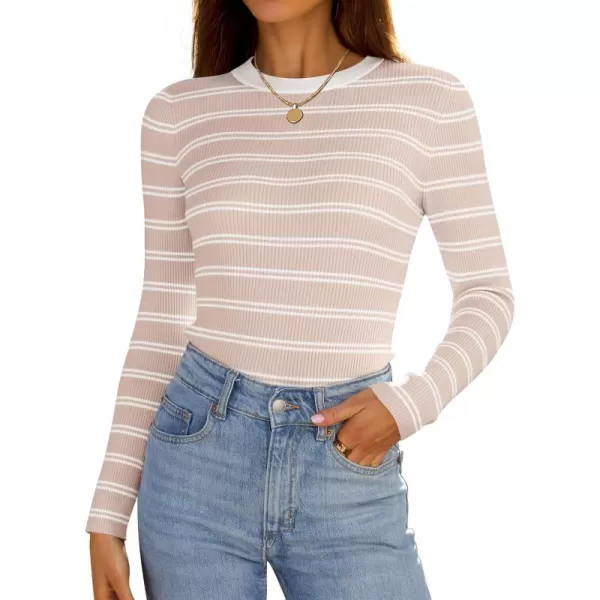 ZESICA Womens Long Sleeve Crewneck Striped Shirts 2024 Fall Sweater Ribbed Knit Slim Fit Basic Casual Tee TopsSand