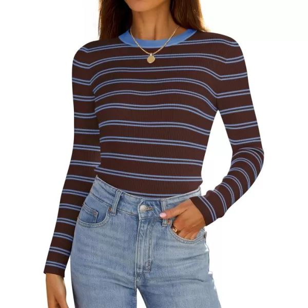 ZESICA Womens Long Sleeve Crewneck Striped Shirts 2024 Fall Sweater Ribbed Knit Slim Fit Basic Casual Tee TopsTaupe