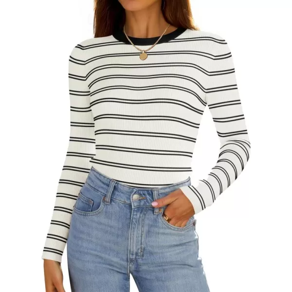 ZESICA Womens Long Sleeve Crewneck Striped Shirts 2024 Fall Sweater Ribbed Knit Slim Fit Basic Casual Tee TopsWhite