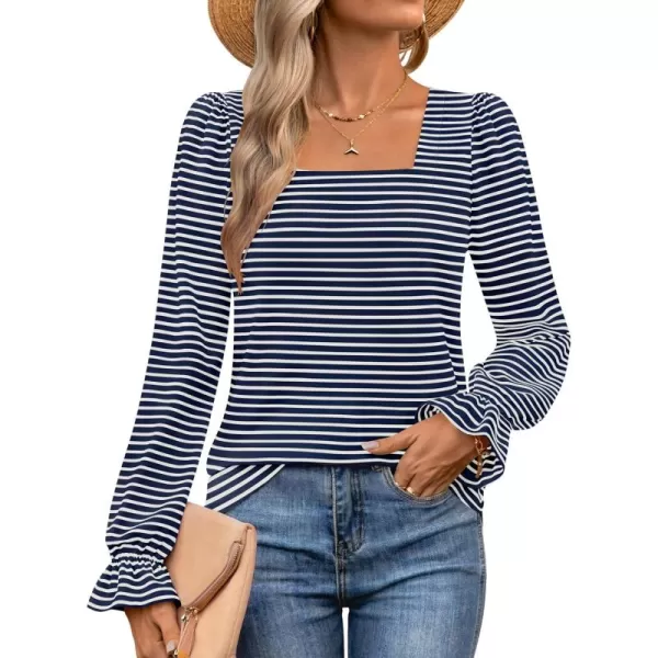 ZESICA Womens Puff Long Sleeve Square Neck Shirts 2024 Fall Causal Trendy Tunic TopsNavy
