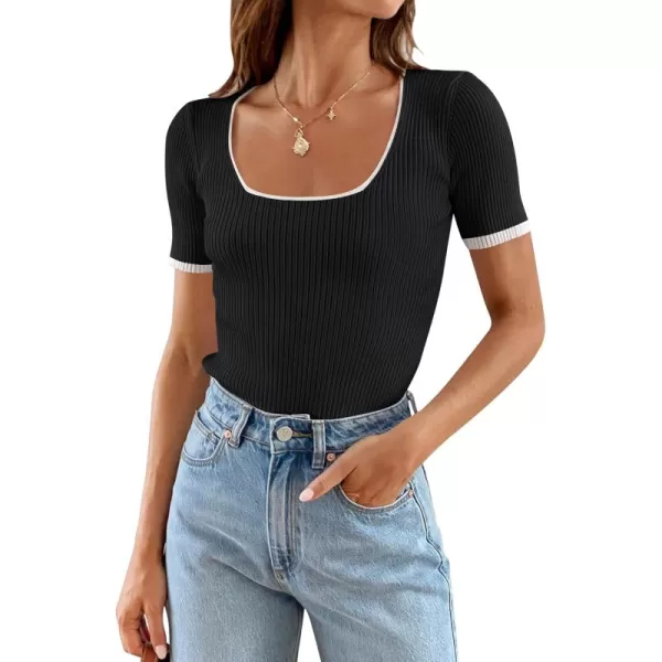 ZESICA Womens Short Sleeve Square Neck Color Block T Shirt 2024 Summer Slim Fit Ribbed Knit Basic Tee TopsBlack