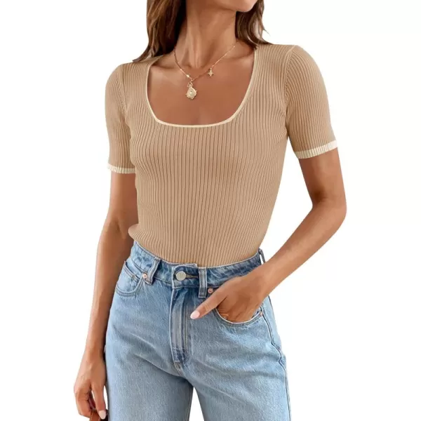 ZESICA Womens Short Sleeve Square Neck Color Block T Shirt 2024 Summer Slim Fit Ribbed Knit Basic Tee TopsToffee
