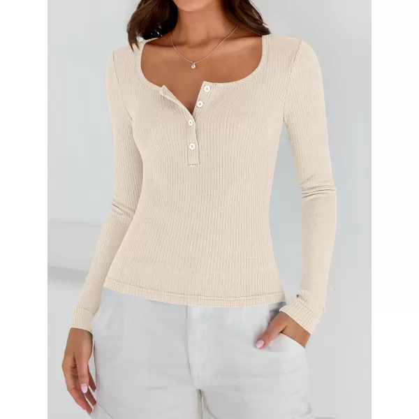 ZESICA Womens Long Sleeve Button Ribbed Shirts 2024 Fall Scoop Neck Casual Henly TopsApricot