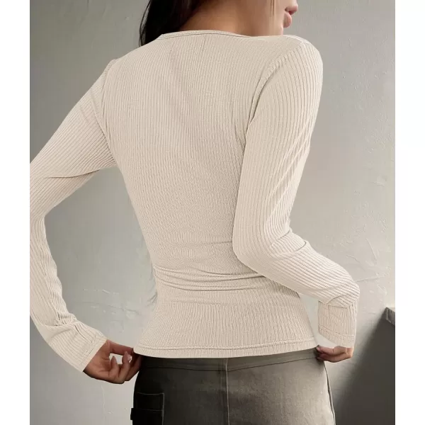 ZESICA Womens Long Sleeve Button Ribbed Shirts 2024 Fall Scoop Neck Casual Henly TopsApricot