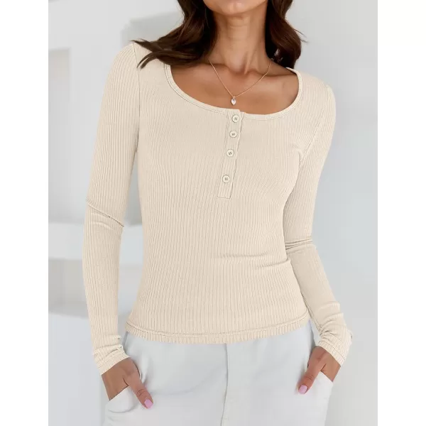ZESICA Womens Long Sleeve Button Ribbed Shirts 2024 Fall Scoop Neck Casual Henly TopsApricot
