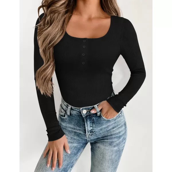 ZESICA Womens Long Sleeve Button Ribbed Shirts 2024 Fall Scoop Neck Casual Henly TopsBlack