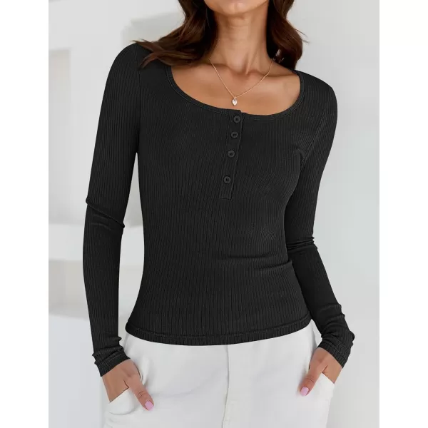 ZESICA Womens Long Sleeve Button Ribbed Shirts 2024 Fall Scoop Neck Casual Henly TopsBlack