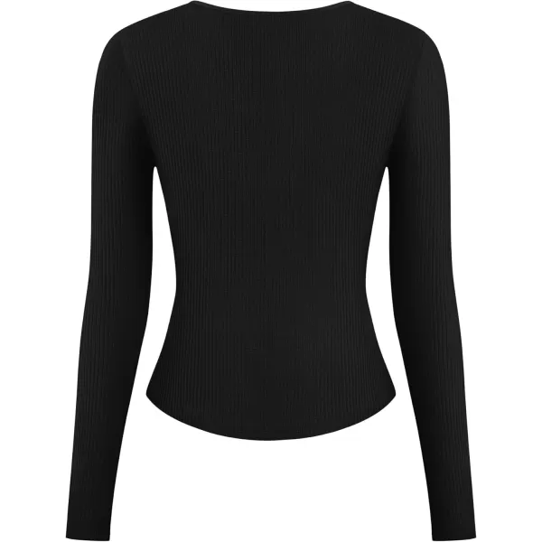 ZESICA Womens Long Sleeve Button Ribbed Shirts 2024 Fall Scoop Neck Casual Henly TopsBlack