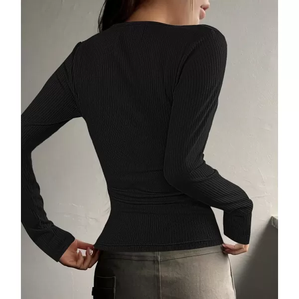 ZESICA Womens Long Sleeve Button Ribbed Shirts 2024 Fall Scoop Neck Casual Henly TopsBlack