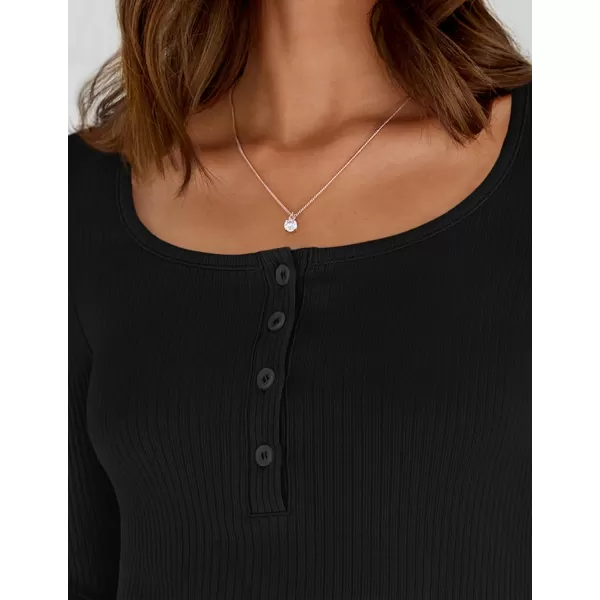 ZESICA Womens Long Sleeve Button Ribbed Shirts 2024 Fall Scoop Neck Casual Henly TopsBlack